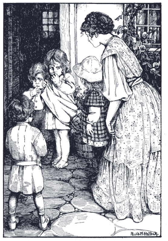 “Two funny fair-haired children with their fingers in their mouths”