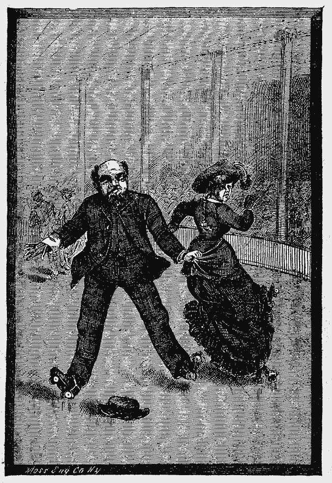 A man grabs a woman's clothing as he falls while ice skating.