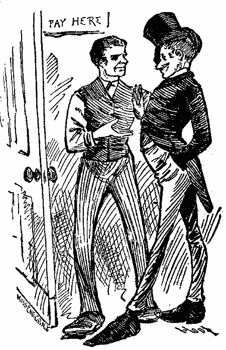 Two men gesture at each other by a sign marked 'Pay Here'