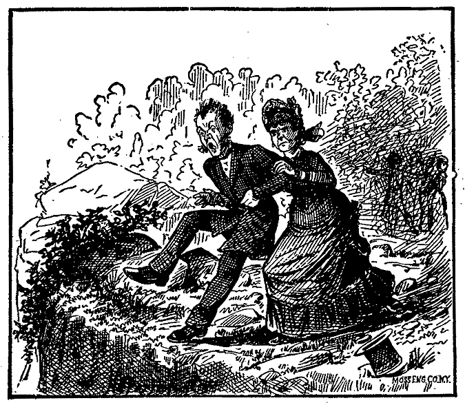 A woman pushes a man from a cliff.