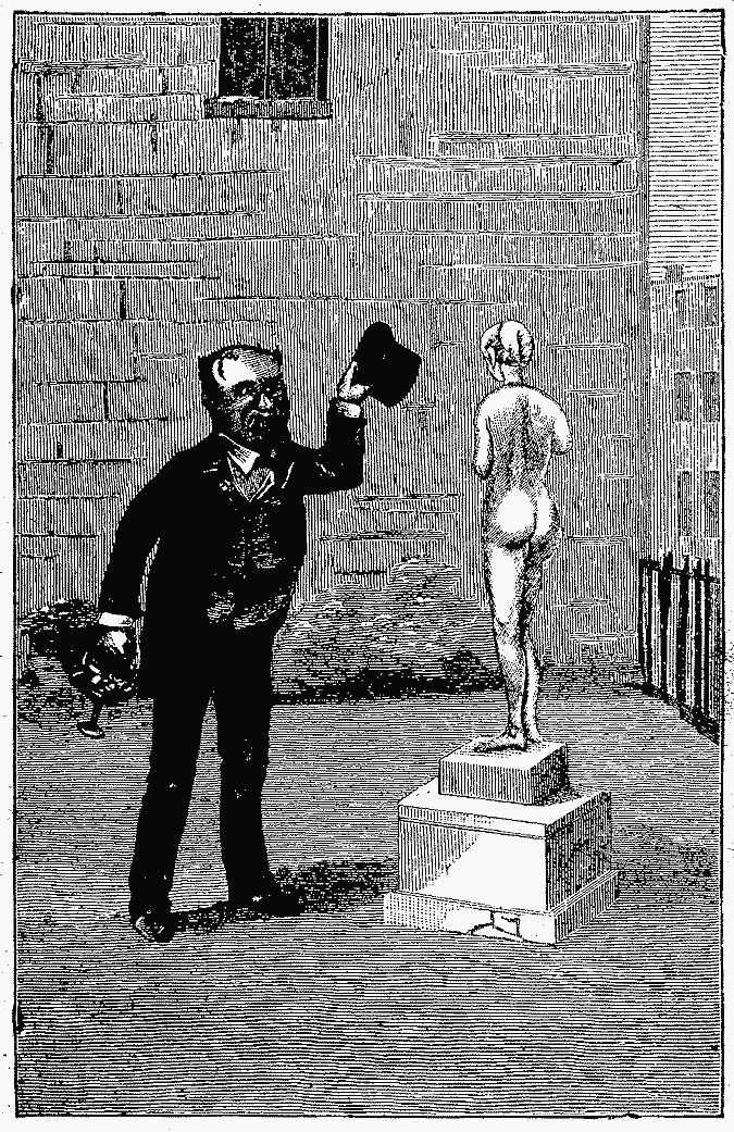 A man doffs his hat at a nude statue.