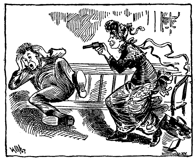 A woman points a pistol at a man.