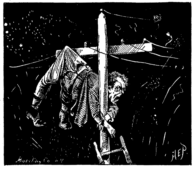 A man hangs from a telephone pole by the seat of his pants.