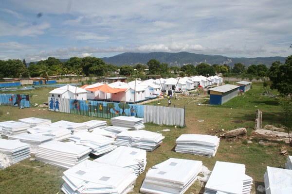 An aerial view of the temporary shelters at SOS CV Santo