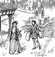 bosquejo revista de una producción operística, muestra a un hombre y una mujer, entre un paisaje medieval