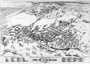 Ilustración en blanco y negro de Vancouver. Los barcos grandes llenan el puerto en el sur; la ciudad, llenando el centro del mapa, está delimitado por árboles a los lados izquierdo y superior. Puentes atraviesan el cuerpo medio-alto de agua.