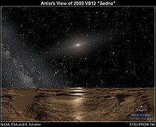 el Sol aparece simplemente como un punto de luz, distendido por el polvo. La superficie de Sedna es el hielo rojo, reluciente débilmente en la luz del sol del mediodía