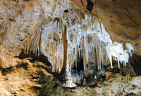 Las fuerzas del agua decoradas de la cueva en una serie casi interminable de espectaculares formaciones de piedra caliza como esta columna y variedad de estalactitas