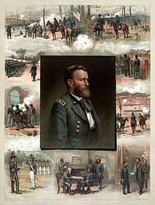 Retrato de Grant está en el medio de un cuadro rodeado de su historia militar cronológico empezando por graduar de West Point, al lado de la guerra entre México y Estados Unidos, y finalmente los acontecimientos de la Guerra Civil y escenas de batalla.
