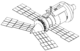 Un diagrama de línea de un módulo de estación espacial que consiste en un cilindro grande con un cono de poca profundidad en un extremo y un cono más pronunciada en el otro. El cono poco profundo tiene un puerto de acoplamiento montado en el centro, mientras que el cono empinado tiene dos grandes paneles solares que sobresalen de ella. Dos más matrices se montan en la base del cono.