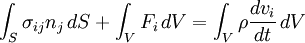 \ \ Int_S \ sigma_ {ij} n_j \, dS + \ int_V F_i \, dV = \ int_V \ rho \ frac {d} {v_i dt} \, dV