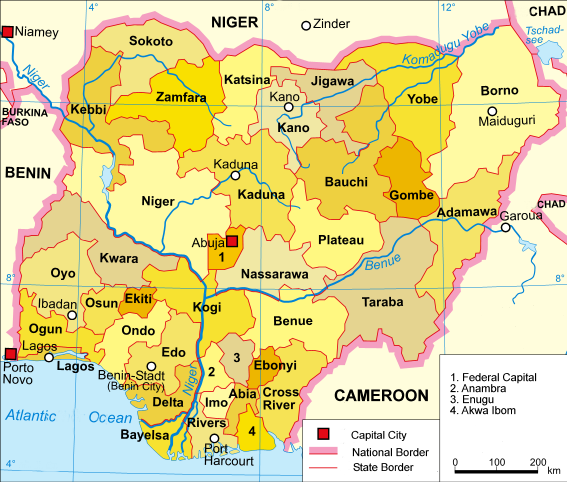 Un mapa interactivo de Nigeria exhibiendo sus 36 estados y el territorio de la capital federal.