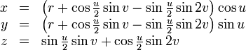 \ Begin {array} {RCL} x & = & \ izquierdo (r + \ cos \ frac {u} {2} \ pecado v - \ sin \ frac {u} {2} \ sin 2v \ right) \ cos u \\ y & = & \ izquierdo (r + \ cos \ frac {u} {2} \ pecado v - \ sin \ frac {u} {2} \ 2v pecado \ right) \ sen u \\ z & = y \ sin \ frac {u} {2} \ pecado v + \ cos \ frac {u} {2} \ sin 2v \ end {array}