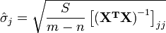 \ Sombrero \ sigma_j = \ sqrt {\ frac {S} {mn} \ left [\ mathbf {(X ^ TX)} ^ {- 1} \ right] _ {jj}}