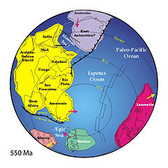 Las posiciones de los antiguos continentes, 550 millones años ago.jpg