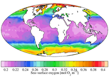 Mapa del mundo que muestra que el oxígeno de la superficie del mar se agota todo el ecuador y aumenta hacia los polos.