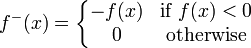 f ^ - (x) = \ left \ {\ begin {matriz} f (x) y \ text {if} f (x) <0 \\ 0 & \ text {lo contrario} \ end {matriz} \ right.