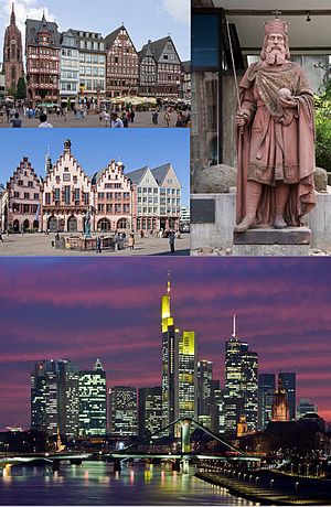 Horizonte de Fráncfort del Meno, agujas del reloj desde la parte superior de izquierda a derecha: Fachada de la Catedral de Römer y Frankfurt, Estatua de Carlomagno en Frankfurt Museo Histórico, Vista del horizonte de Frankfurt y el río principal
