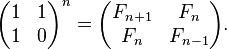 \ Begin {pmatrix} 1 & 1 \\ 1 & 0 \ end {pmatrix} ^ n = \ begin {pmatrix} F_ {n + 1} & F_n \\ F_n y F_ {n-1} \ end {pmatrix}.