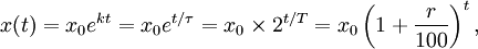 x (t) = x 0 e ^ {kt} = x 0 e ^ {t / \ tau} = x_0 \ Tiempos 2 ^ {t / T} = x_0 \ left (1 + \ frac {r} {100} \ right) ^ t,