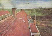 Una vista desde una ventana de tejados rojos pálidos. Un pájaro que vuela en el cielo azul y en los campos de distancia cerca ya la derecha, los edificios de la ciudad y otros se puede ver. En el lejano horizonte son las chimeneas