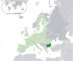 Ubicación de Bulgaria (verde) - en Europa (verde claro y gris) - en la Unión Europea (verde claro) - [Leyenda]