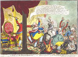 Le roi, son visage caché par un pilier, expulse les fesses d'un groupe de ministres bien nourris.