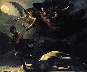 peinture sombre ombragé de deux anges ailés poursuite d'un homme qui fuit, un homme nu tombé attaqué et soumis pour ses vêtements