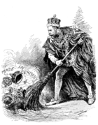 George V habillé dans les robes de cérémonie de l'Ordre de la Jarretière utilise un balai pour balayer couronnes côté assortis marqués