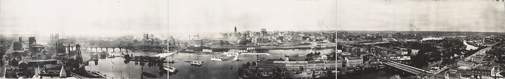 vue panoramique sur Saint Anthony Falls et le bord du fleuve Mississippi en 1915