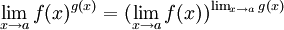 \ {X lim_ \ à une} f (x) ^ {g (x) =} (\ {x lim_ \ à une} f (x)) ^ {\ {x lim_ \ à une} g (x)}