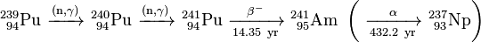 \ Mathrm {^ {239} _ {\ 94} Pu \ \ xrightarrow {(n, \ gamma)} \ ^ {240} _ {\ 94} Pu \ \ xrightarrow {(n, \ gamma)} \ ^ {241 } _ {\ 94} Pu \ \ xrightarrow [14,35 \ an] {\ beta ^ -} \ ^ {241} _ {\ 95} Am \ \ left (\ \ xrightarrow [432,2 \ an] {\ alpha} \ ^ {237} _ {\ 93} Np \ right)}