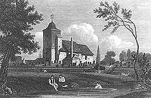Gravure en noir et blanc d'une église dans le fond, avec une rivière qui coule à l'avant. Deux personnes sont assises sur la banque et une nage. Arbres encadrent l'image.