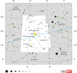Schéma montrant la position des étoiles et les limites de la constellation du Cancer et ses environs