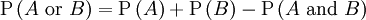 \ Mathrm {P} \ left (A \ hbox {ou} B \ right) = \ mathrm {P} \ left (A \ à droite) + \ mathrm {P} \ left (B \ right) - \ mathrm {P} \ left (A \ mbox {et} B \ right)