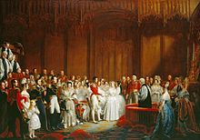 Peinture d'un mariage somptueux assisté par des gens richement vêtus dans une magnifique salle