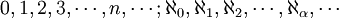0, 1, 2, 3, cdots \, n, \ cdots; \ aleph_0, \ aleph_1, \ aleph_2, \ cdots, \ aleph _ {\ alpha}, \ cdots