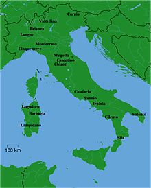 Carte de l'Italie montrant les noms d'une douzaine de lieux communs.