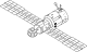 Un diagramme de ligne d'un vaisseau spatial DOS. Le module se compose d'un cylindre étagé, avec deux grands panneaux solaires faisant saillie à partir des côtés de la partie plus étroite du module opposée. Un compartiment sphérique avec cinq ports d'arrimage est attaché à l'extrémité de la section plus étroite, tandis qu'un projets d'antenne en forme de sucette radialement à partir de l'extrémité de la section plus large.