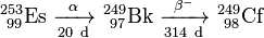 \ Mathrm {^ {253} _ {\ 99} Es \ \ xrightarrow [20 \ d] {\ alpha} \ ^ {249} _ {\ 97} Bk \ \ xrightarrow [314 \ d] {\ beta ^ -} \ ^ {249} _ {\ 98}} Cf