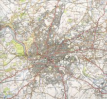 Une vieille carte Ordnance Survey de Bristol, montrant routes, voies ferrées, les rivières et les contours.