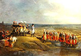 La peinture de couleur représentant Napoléon recevoir la reddition des généraux autrichiens, avec les armées ennemies et la ville d'Ulm dans le fond