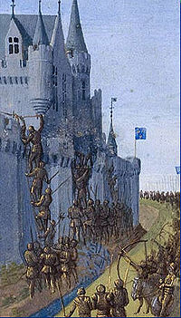 Blindé soldats déploient échelles en préparation pour le redimensionnement d'un château. Archers se tiennent derrière les soldats et tirer avec leurs arcs et des flèches.