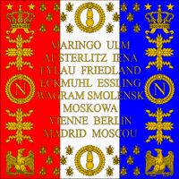 Une liste des batailles de l'armée française et les lieux occupés avec le drapeau français dans le fond.