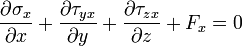 \ Frac {\ partial \ sigma_x} {\ x partielle} + \ frac {\ partial \ tau_ {yx}} {\ y partielle} + \ frac {\ partial \ {tau_ zx}} {\ z partielle} + F_x = 0
