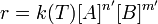 \, R = k (T) [A] ^ {n '} [B] m ^ {'}