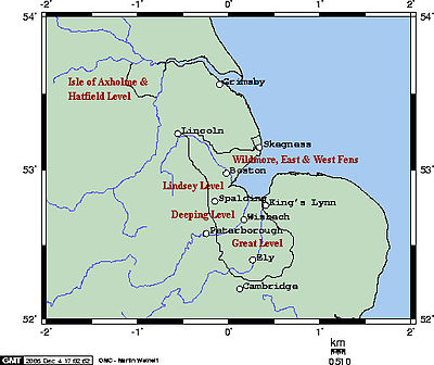 carte de Est de l'Angleterre, la position des Fens montrant