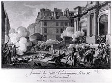 Gravure d'une rue, il ya beaucoup de poches de fumée due à un groupe d'républicaine tirs d'artillerie sur royalistes dans la rue à l'entrée d'un bâtiment