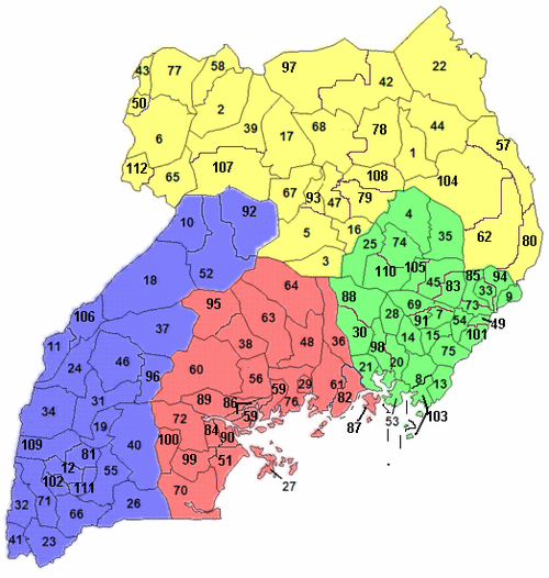 Une carte cliquable de l'Ouganda présentant ses 111 districts et Kampala.