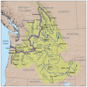 Carte en trois couleurs du bassin versant du fleuve Columbia. Le bassin versant est en forme à peu près comme un entonnoir avec son extrémité large à l'est et son extrémité étroite le long de la frontière entre Washington et de l'Oregon à l'approche de l'océan Pacifique. Le bassin versant se étend dans l'ouest des États américains de Washington, Oregon, Idaho, Nevada, l'Utah, le Wyoming et le Montana, et la province de l'Ouest canadien de la Colombie-Britannique à l'est jusqu'à la frontière avec l'Alberta. Le fleuve lui-même fait un virage en épingle du nord-ouest au sud en Colombie-Britannique et un autre virage serré du sud vers l'ouest à l'approche de l'Oregon.